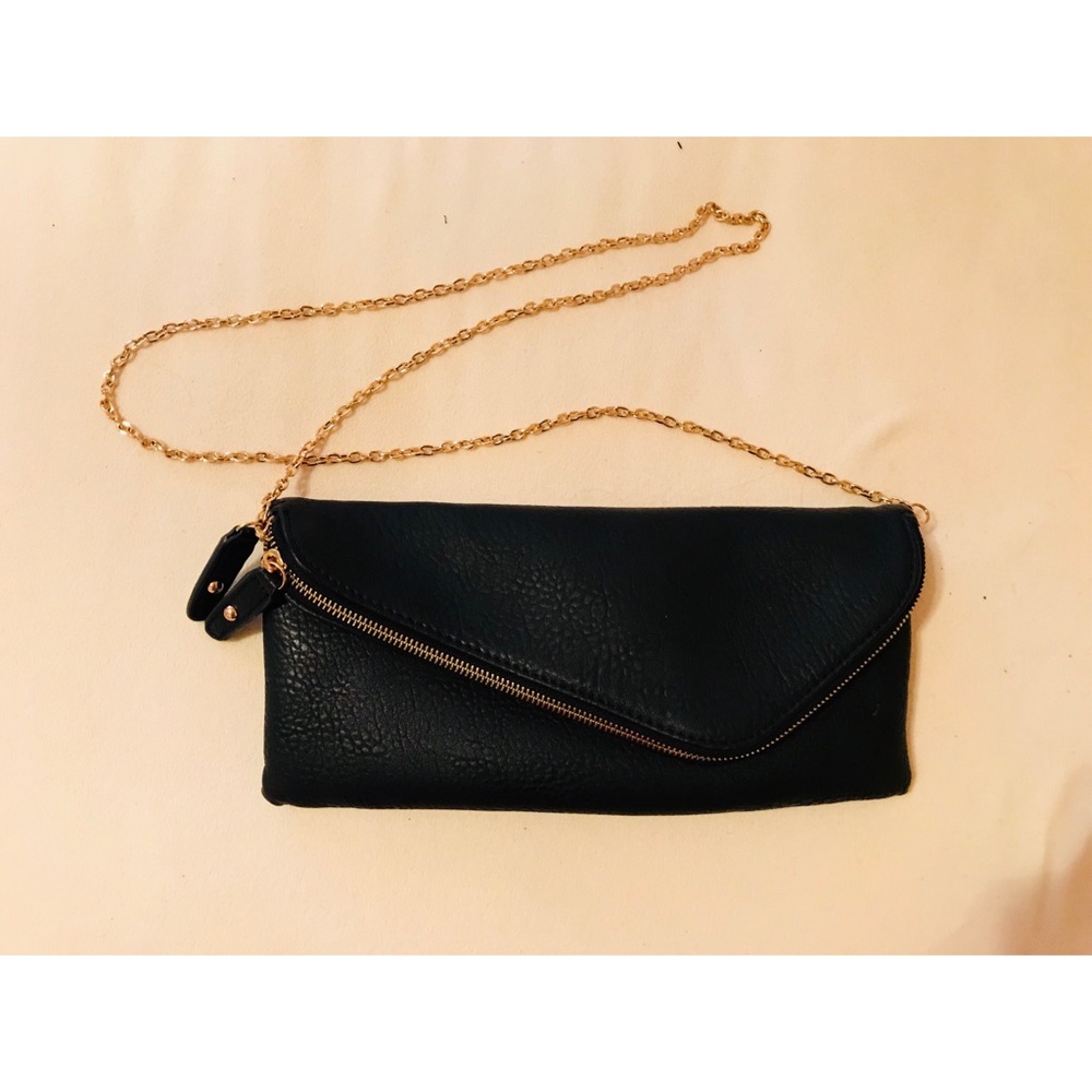 Black leather multi pocket foldover purse